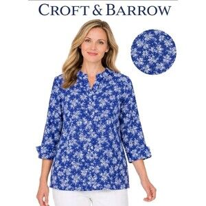 NWOT CROFT BARROW Womens PXL Floral 3/4 Sleeve Button Structured Top Navy Blue